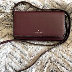 Kate spade New York, Burgundy cross body purse, bag with decorative black trim